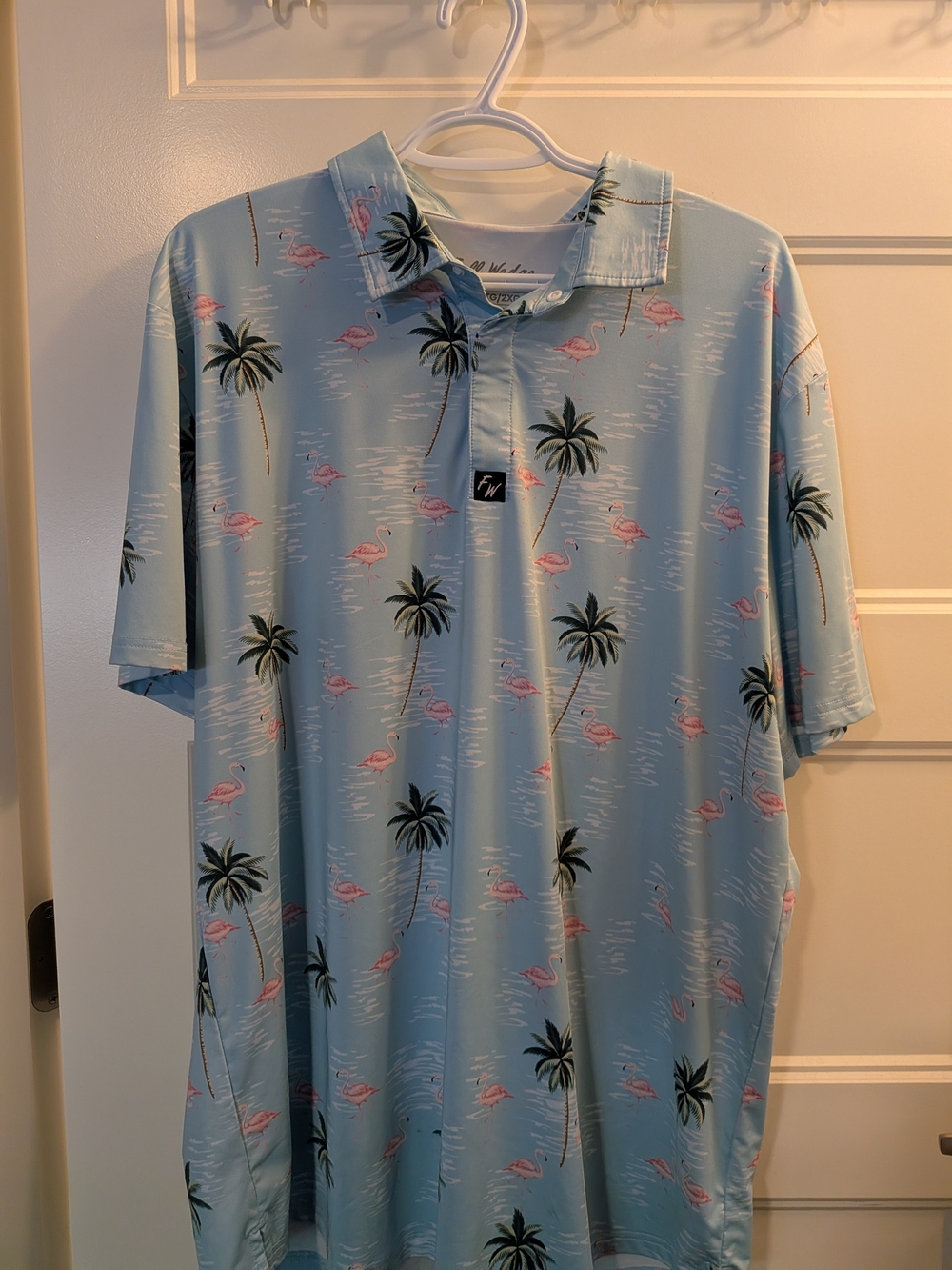 Full Wedge Men’s Light Blue Palm Tree & Flamingo Golf Polo Shirt
